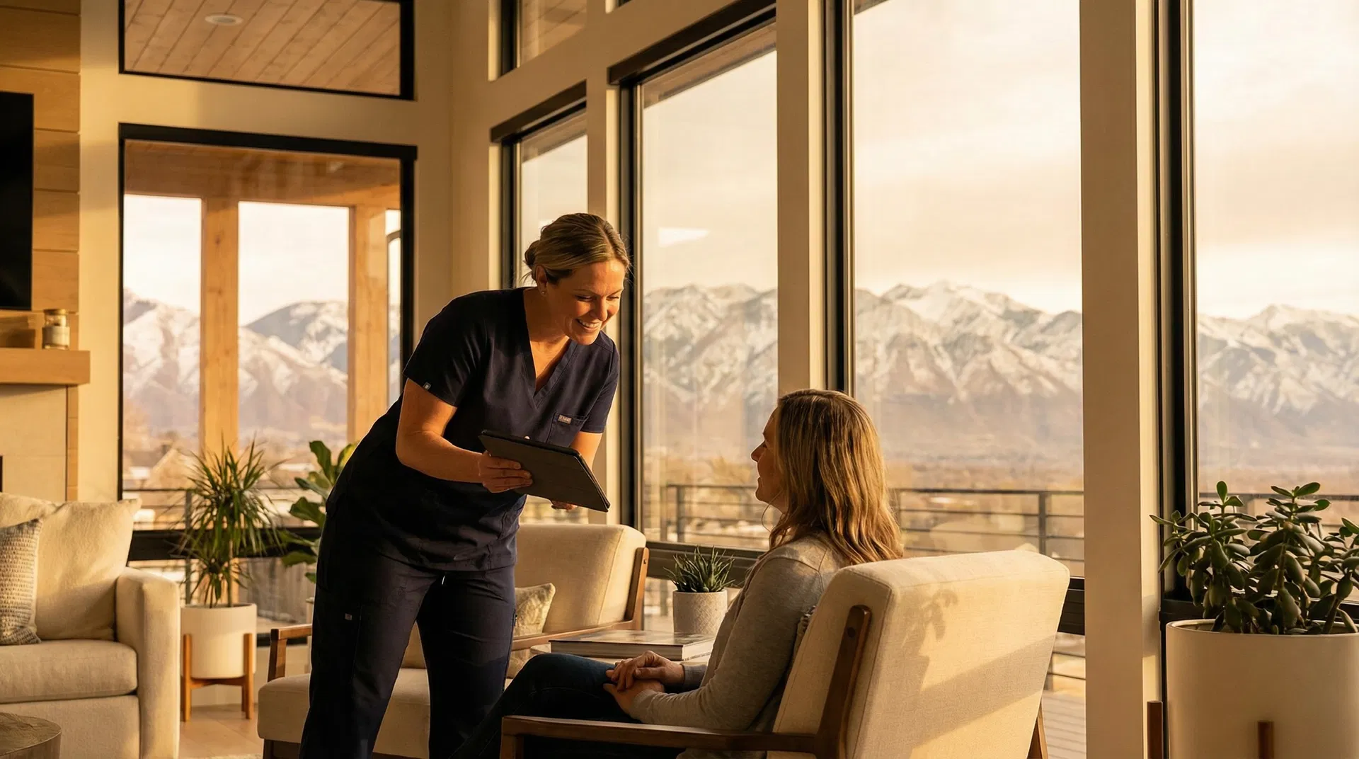 Healthcare provider visiting patient at home in Utah with mountain views